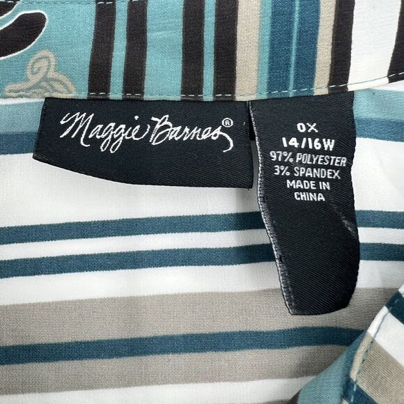Maggie Barnes Blue Multi Print Short Sleeve Button Up Size 0X - Picture 2 of 4